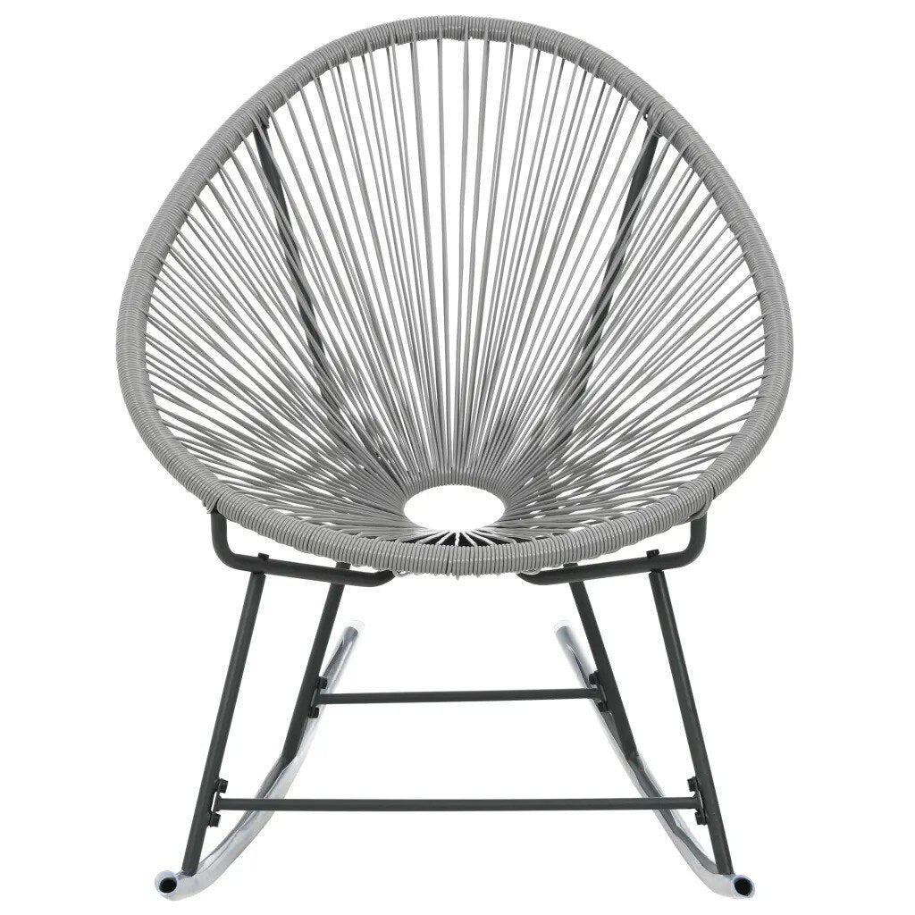 Chaise à bascule design grise avec assise ovale en rotin et pieds en acier