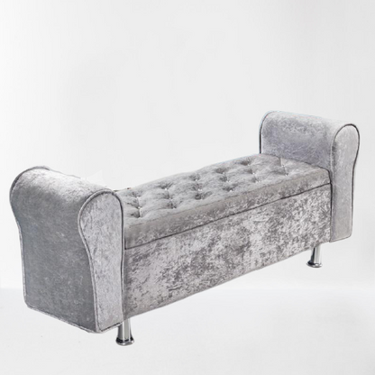 Banc de rangement en velours capitonné avec accoudoirs