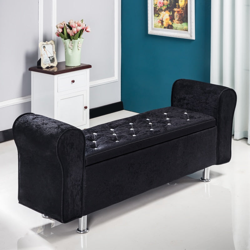 Banc de rangement en velours capitonné avec accoudoirs