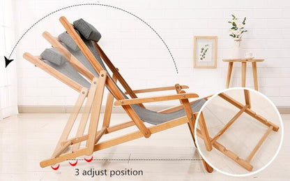 Chaise longue pliable  en bois et toile avec repose tête
