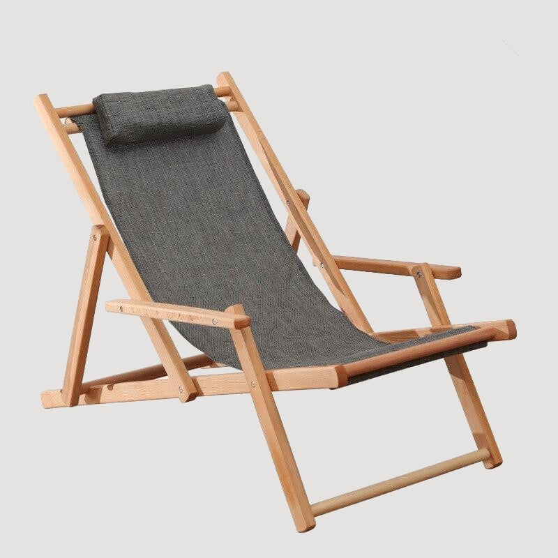 Chaise longue pliable en toile gris avec repose tête et accoudoirs