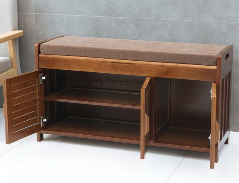 Banc de rangement  en bois avec portes et étagères