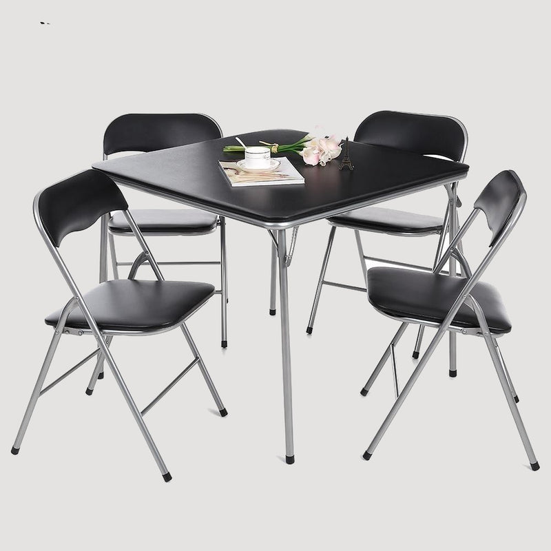 lot de 4 chaises pliables en aluminium gris et simili cuir noir avec table associée