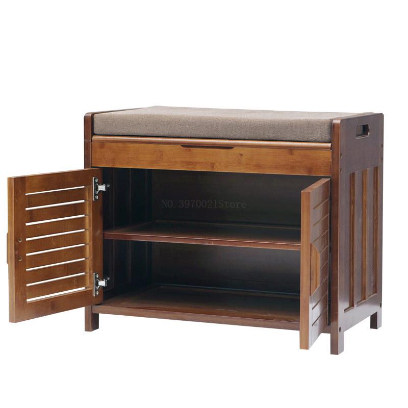 Banc de rangement  en bois avec portes et étagères