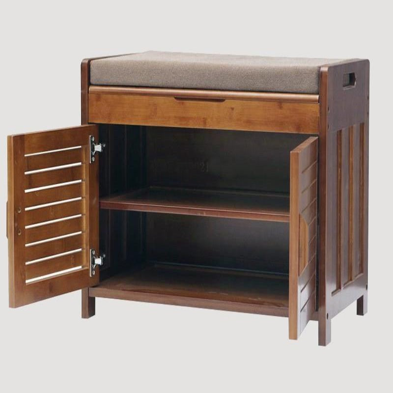 Banc de rangement en bois avec portières et étagères sous banquettes matelassée