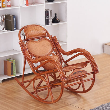 Chaise à bascule en bois vernis et assise en rotin renforcé avec accoudoirs tressés