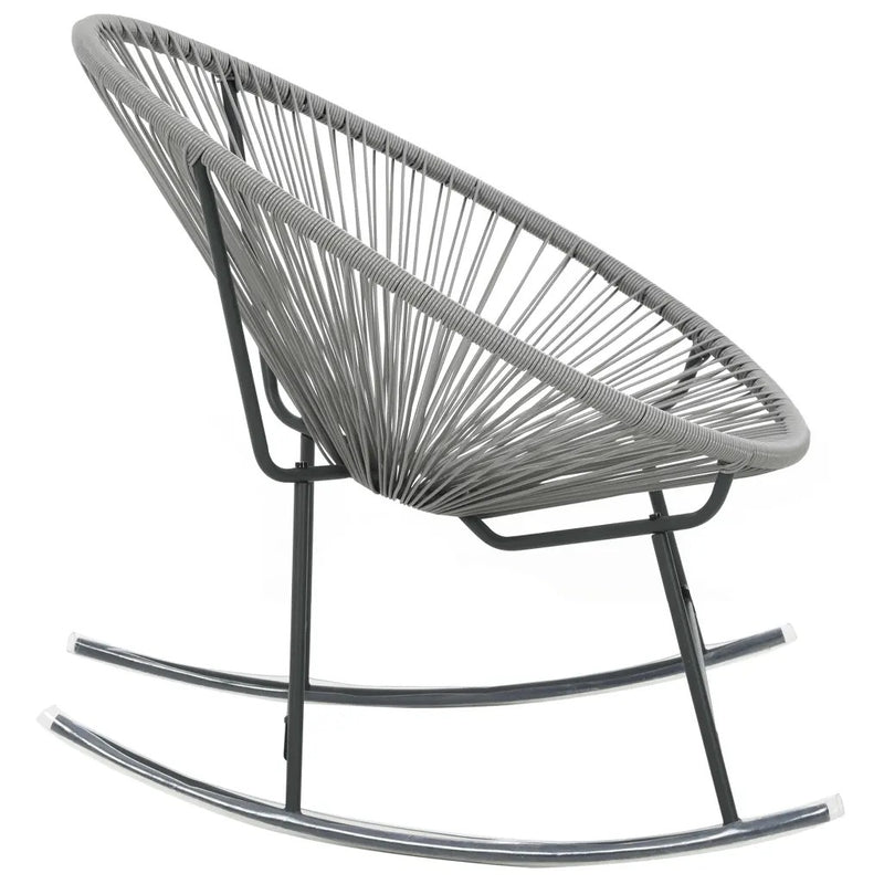 Chaise à bascule design grise avec assise ovale en rotin et pieds en acier
