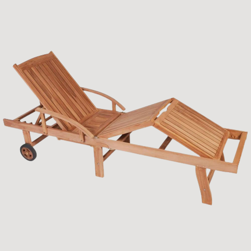 Transat pliable en bois naturel avec accoudoirs et roulettes