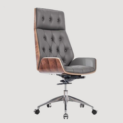 Chaise de bureau haut de gamme en bois et cuir capitonné gris