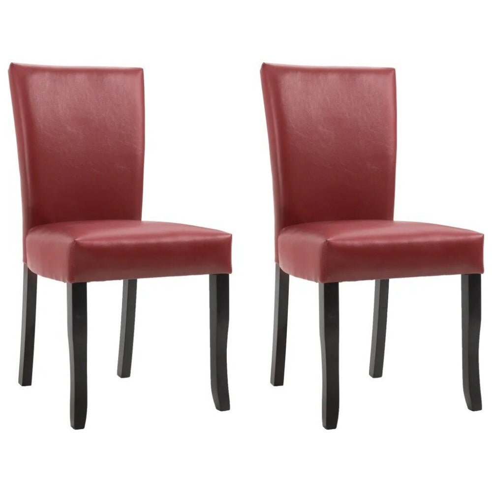 Chaise moderne rouge en similicuir renforcé par clous argenté et pieds en bois