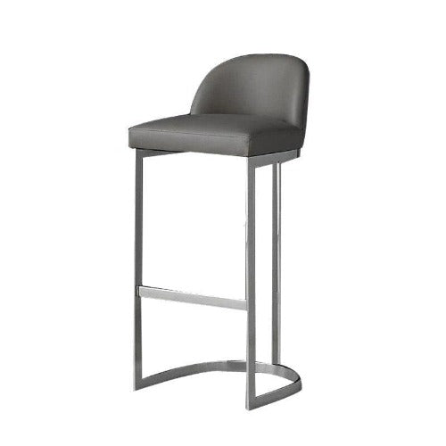 Chaise de bar design en métal argenté et cuir avec dossier arrondi