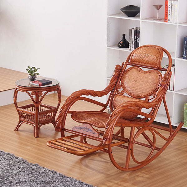 Chaise à bascule en bois vernis et assise en rotin renforcé avec accoudoirs tressés