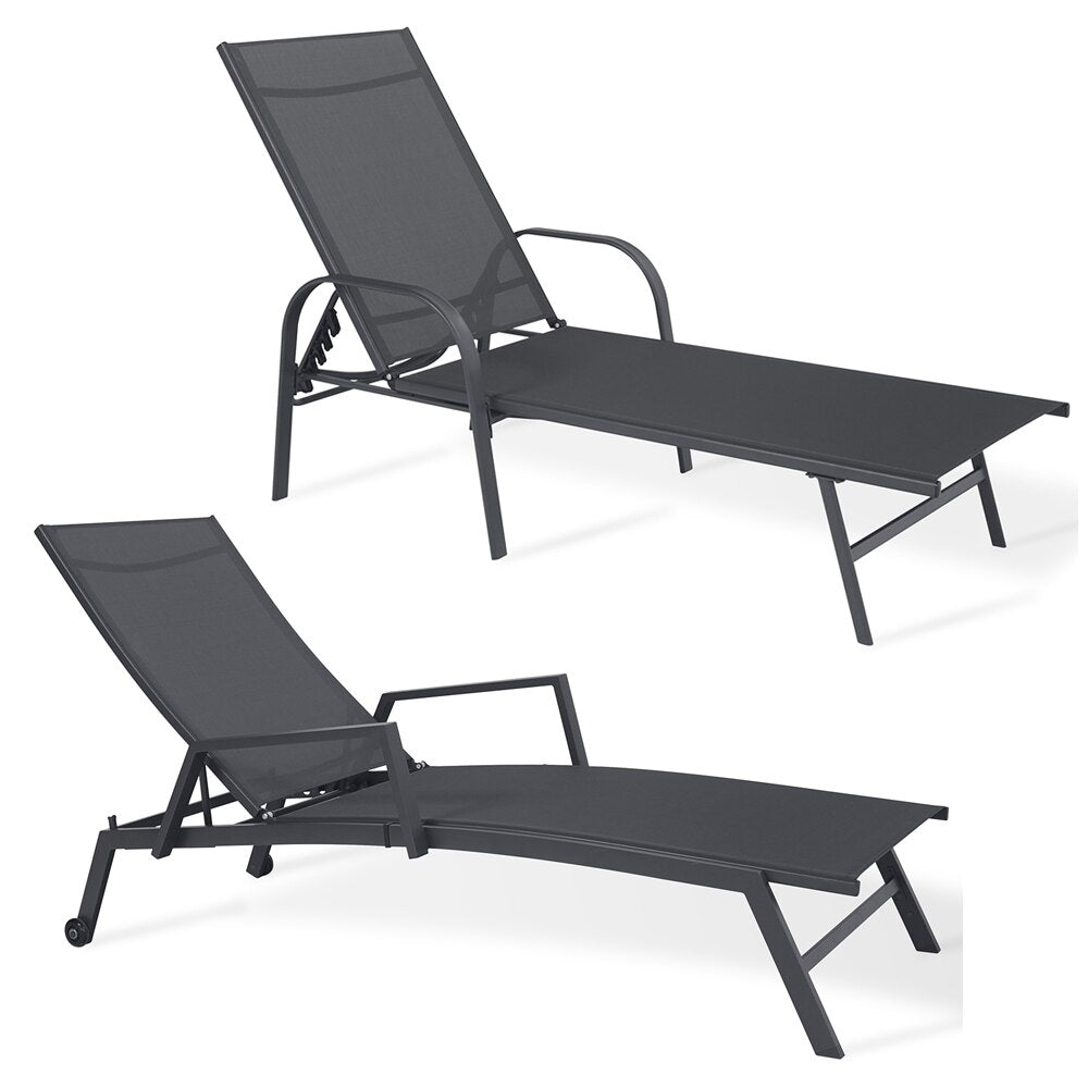 Chaise longue grise en aluminium et toile (lot de 2)