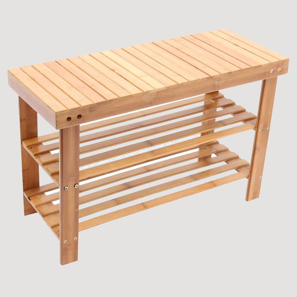 Banc de rangement en bois à doubles étagères à lattes