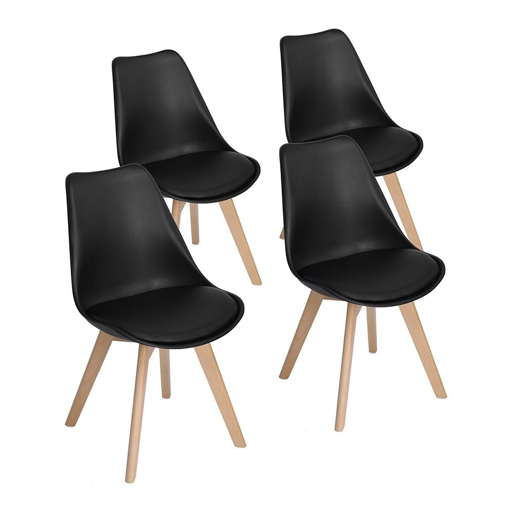 Chaise scandinave noir avec coussin simili cuir et pieds hêtre