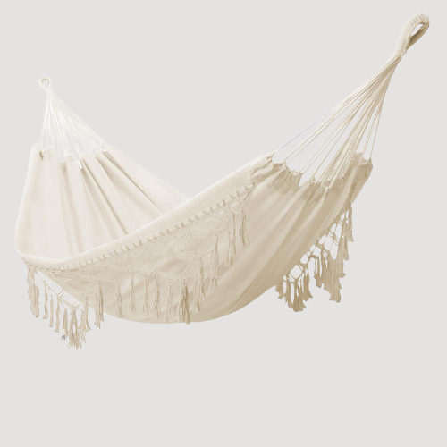 Transat suspendu style hamac en coton beige avec franges
