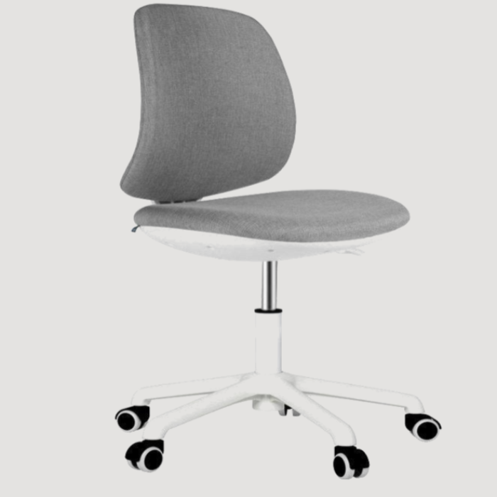 chaise de bureau moderne avec cadre blanc sur roullettes et assise en tissus gris