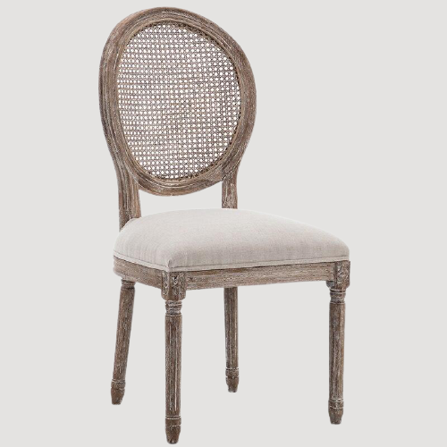 Chaise médaillon beige et bois blanchi avec dossier en rotin tressé