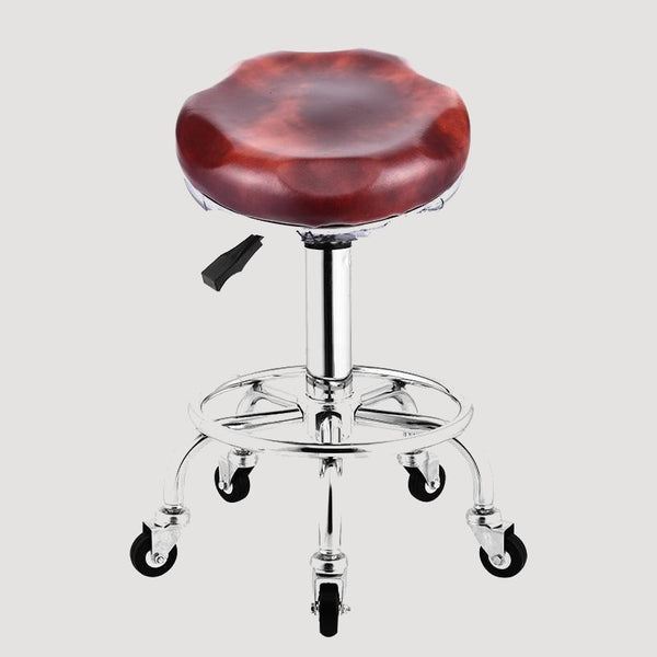 Tabouret à roulettes en simili cuir rouge et pieds en métal avec assise réglable et roulettes 
