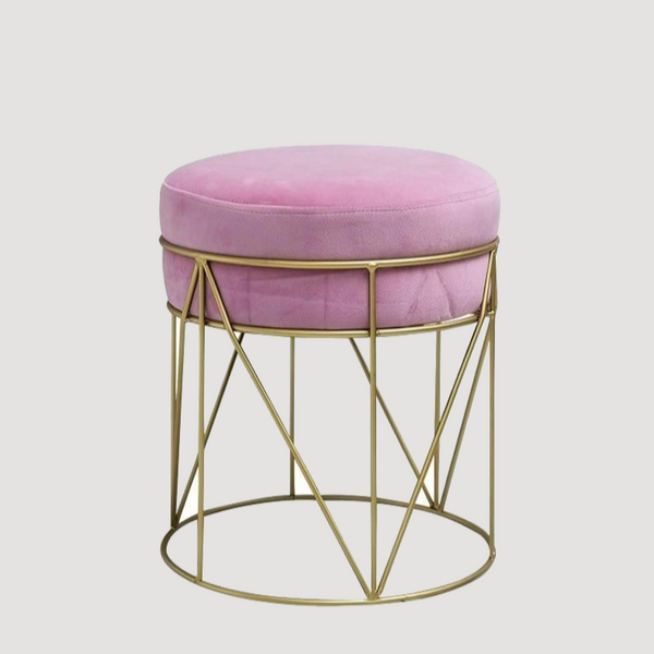 Tabouret design avec assise ronde en velours rose  et pieds en métal doré