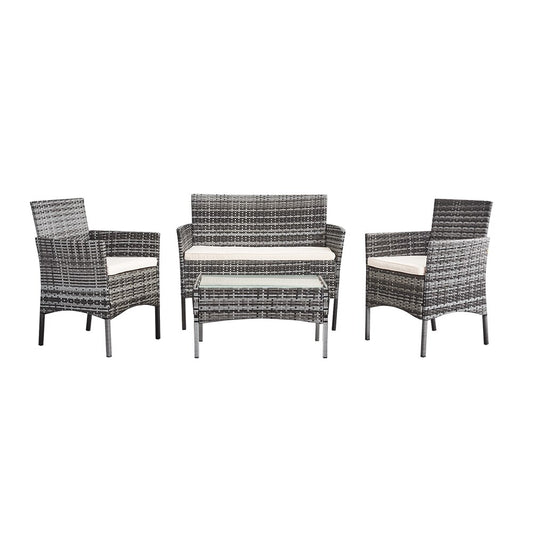 Chaise design en rotin  (lot de 3) avec table basse – Gris