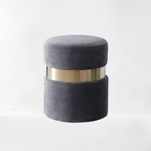 Tabouret design en velours gris avec bande en métal doré