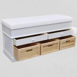 Banc de rangement en bois blanc avec tiroirs et caissons