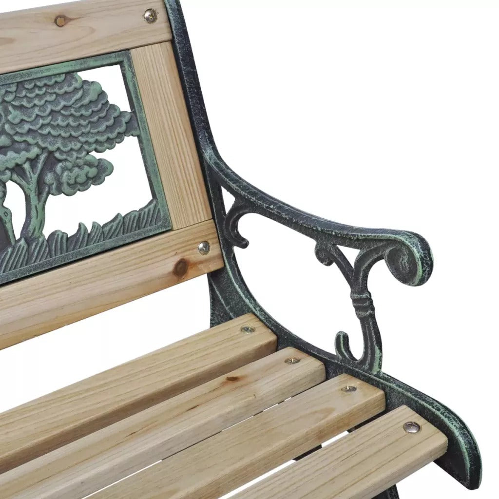 Banc industriel en bois et fer avec sculpture sur dossier