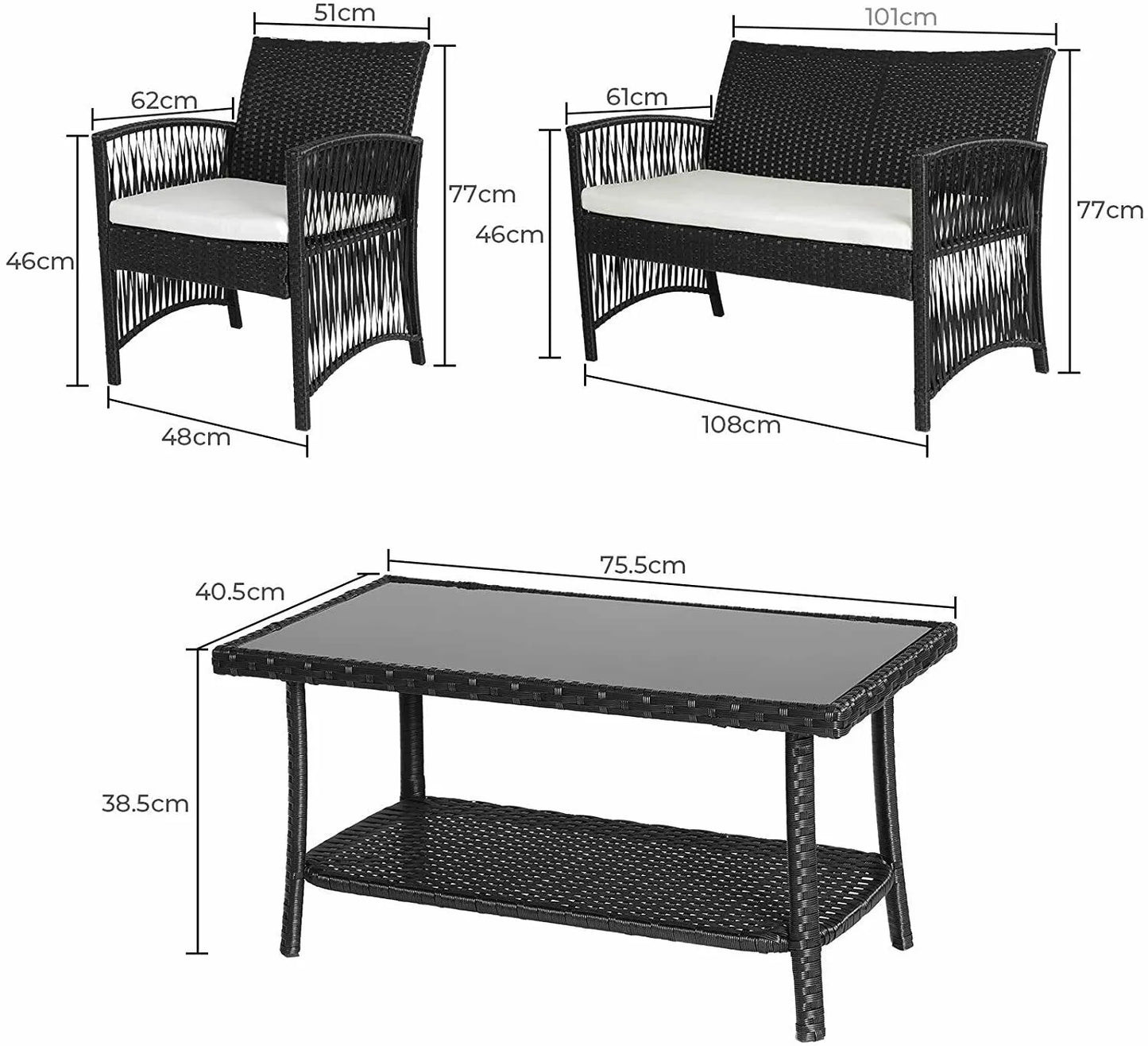 Canapé jardin en rotin avec lot de 2 chaises et table assorties pour salon de jardin