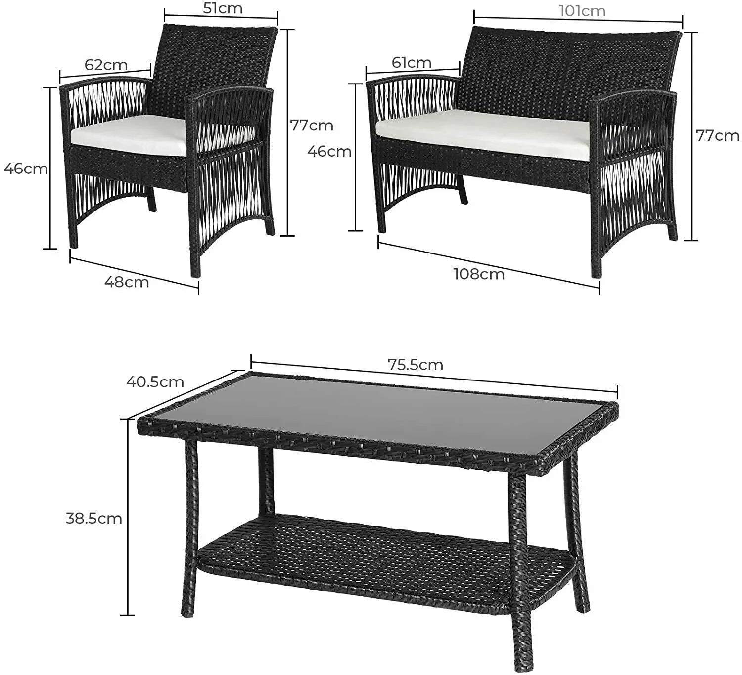 Canapé jardin en rotin avec lot de 2 chaises et table assorties pour salon de jardin