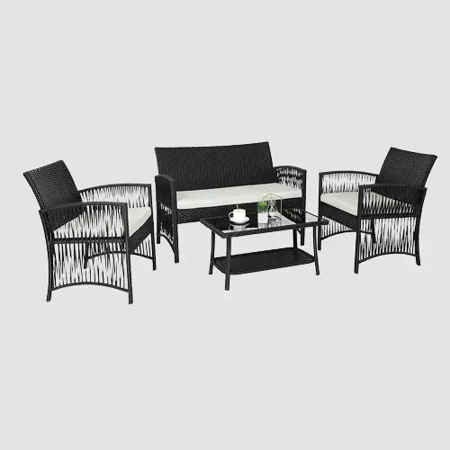 Canapé jardin en rotin avec lot de 2 chaises et table assorties pour salon de jardin