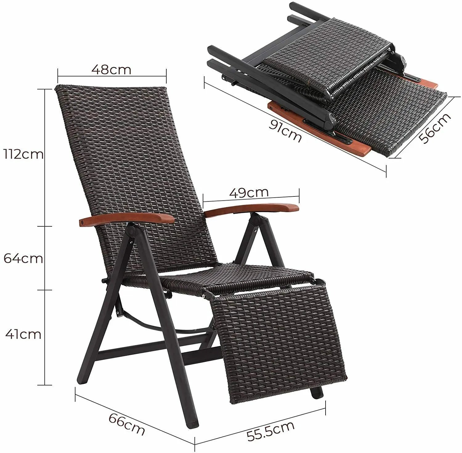 Chaise de jardin rotin gris pliable accoudoirs bois