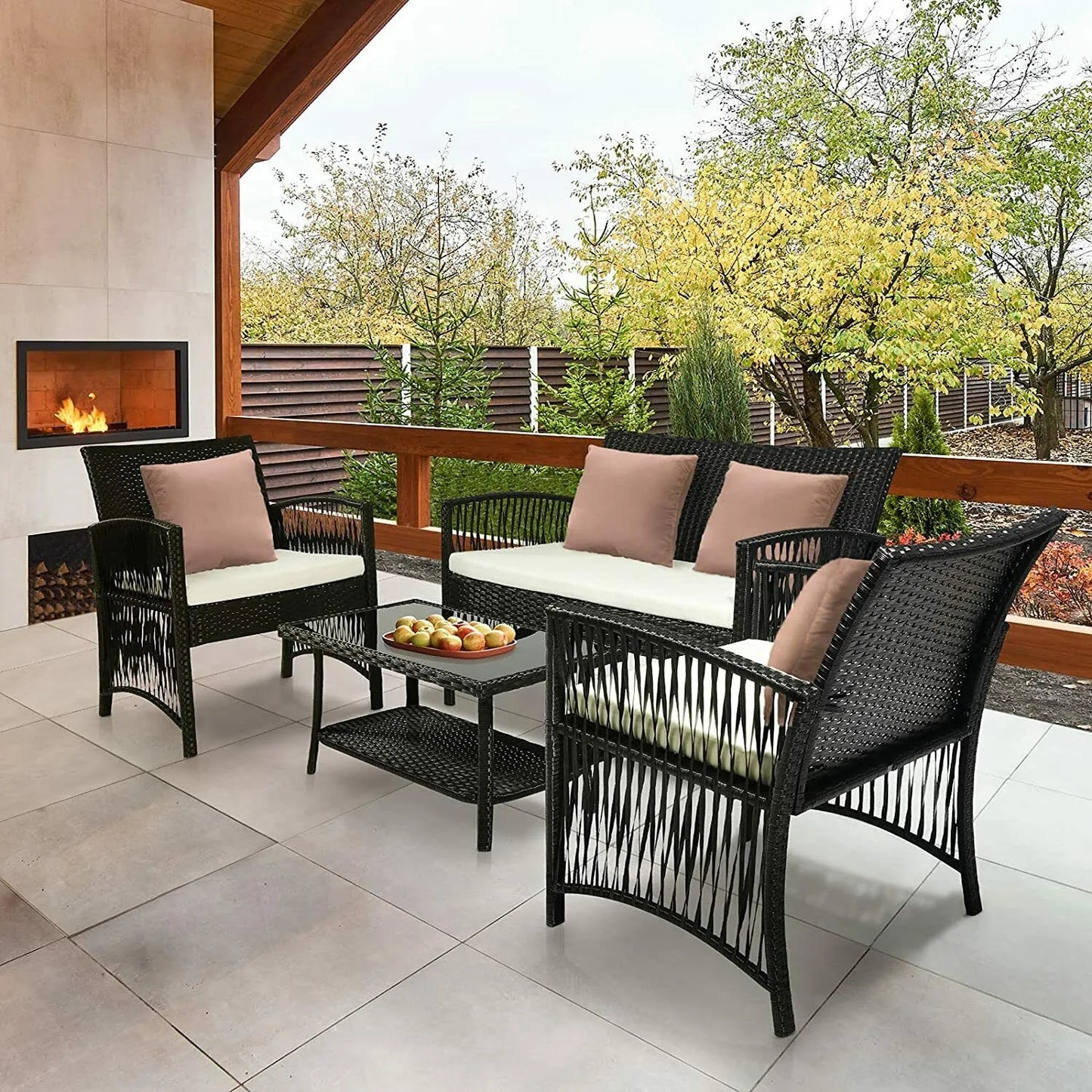 Canapé jardin en rotin avec lot de 2 chaises et table assorties pour salon de jardin