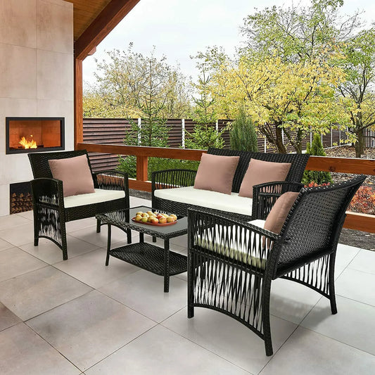 Canapé jardin en rotin avec lot de 2 chaises et table assorties pour salon de jardin
