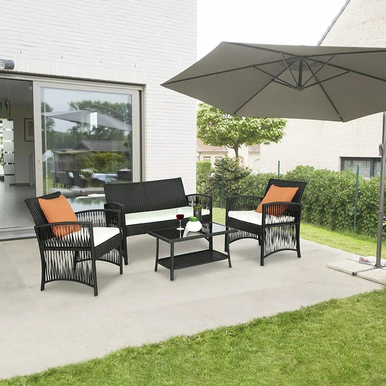 Canapé jardin en rotin avec lot de 2 chaises et table assorties pour salon de jardin