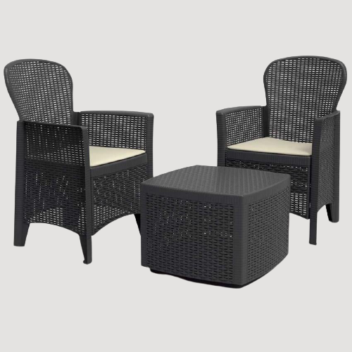 Salon de jardin en résine grise avec table et coussin d'assise
