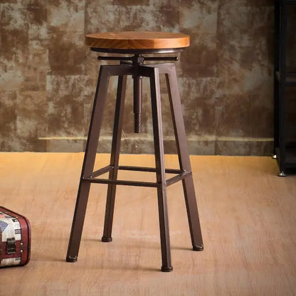 Tabouret industriel haut avec assise ronde rotative bois et pieds métallique en métal marron