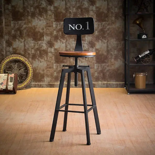 Tabouret industriel haut avec assise ronde rotative pieds noir avec repose pieds