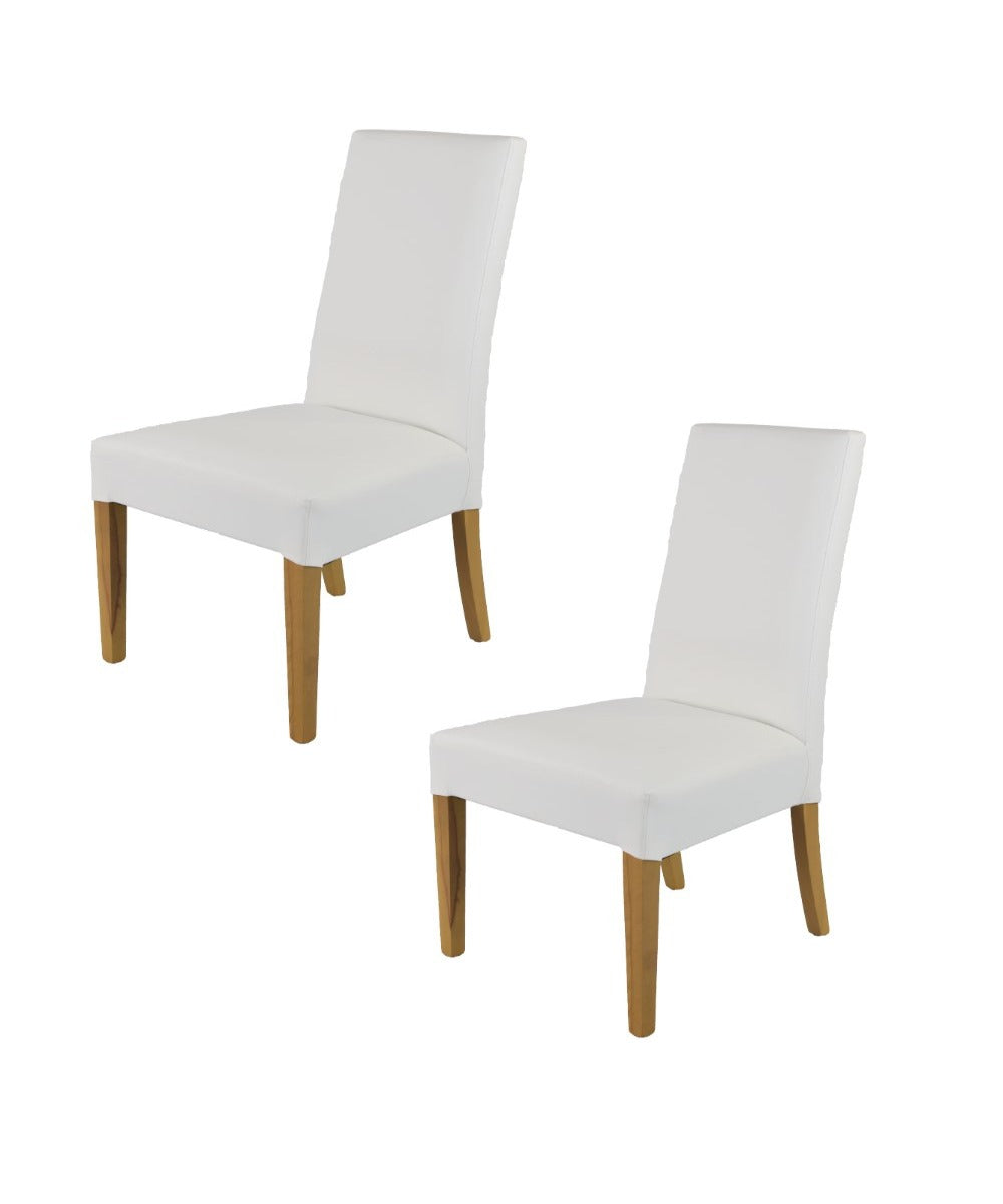Chaise moderne avec dossier haut en tissus  blanc et pieds en bois de hêtre par lot de 2