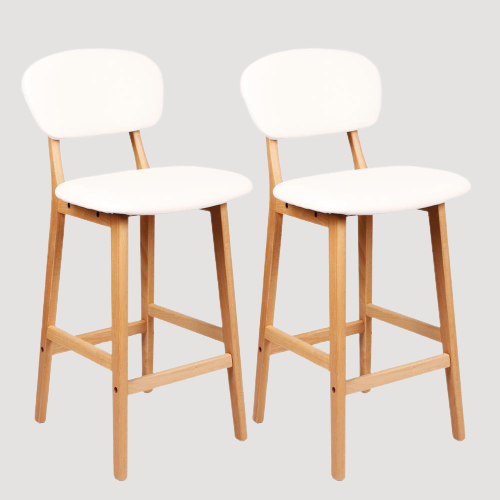Chaise de bar scandinave en bois et simili cuir  blanc avec repose pieds 