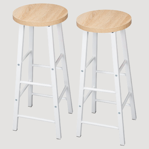Tabouret industriel moderne en métal blanc et bois clair (lot de 2)