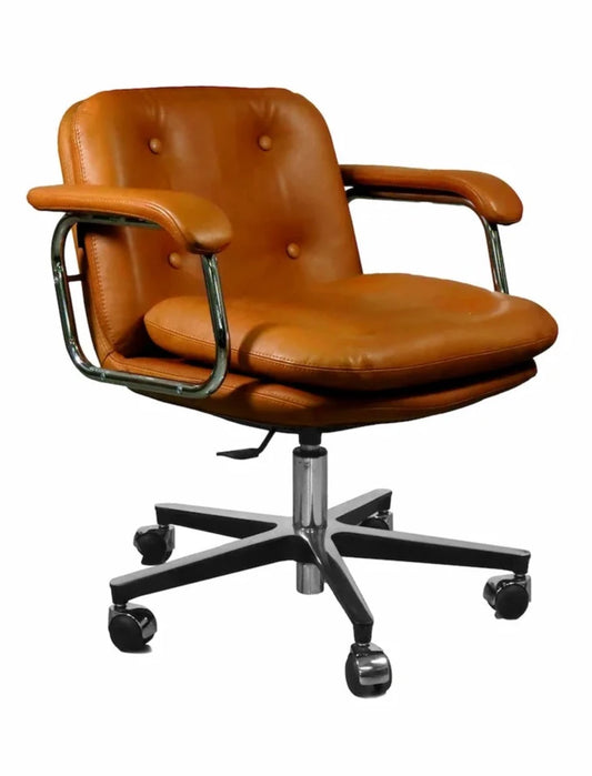 Chaise de bureau ergonomique vintage en cuir sur roulettes avec accoudoirs et dossier haut HERITAGE 80 DIRECTION PETIT DOSSIER – Marron