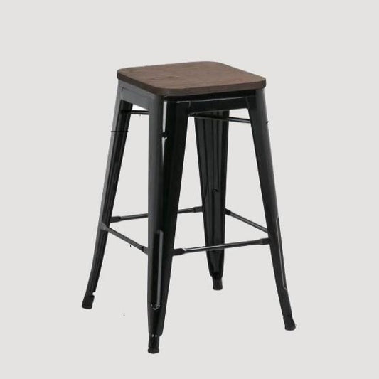 Tabouret de bar industriel en métal noir avec assise en bois  de chêne