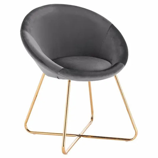Chaise scandinave moderne assise ronde en velours et pieds en métal croisé – Gris