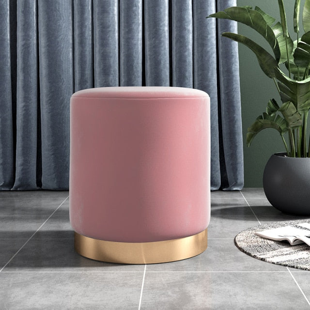 Tabouret design rond en métal et tissu velours rose
