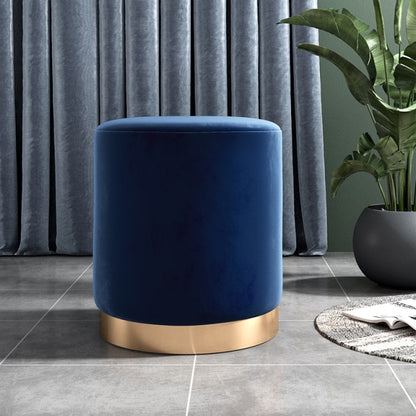 Tabouret design rond en métal et tissu velours bleu