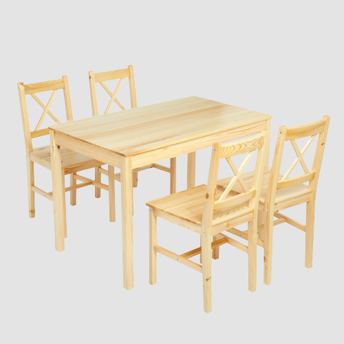 Chaise vintage en bois de pin par 4 avec table assortie (set complet)