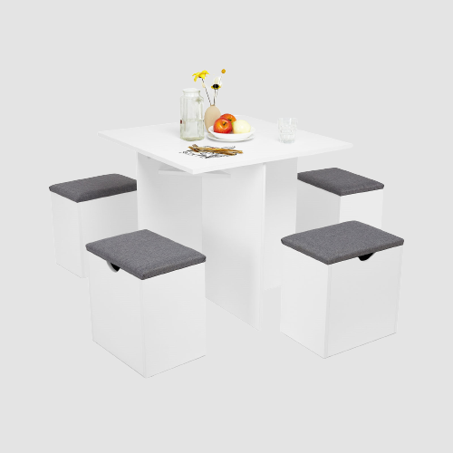 Tabouret en bois blanc par 4 avec table associée ( lot complet )