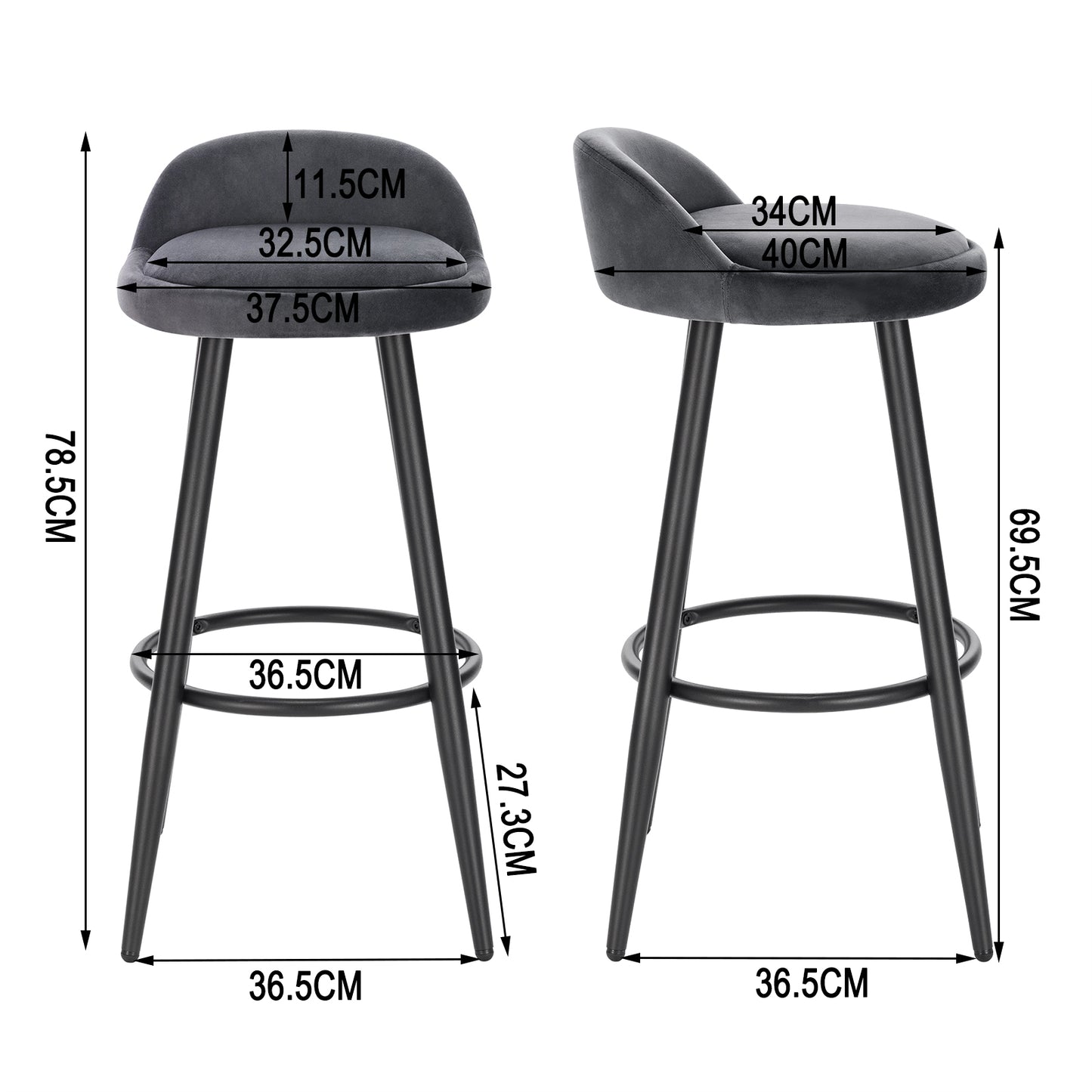 Tabouret de bar en velours et métal avec mini dossier (lot de 2)