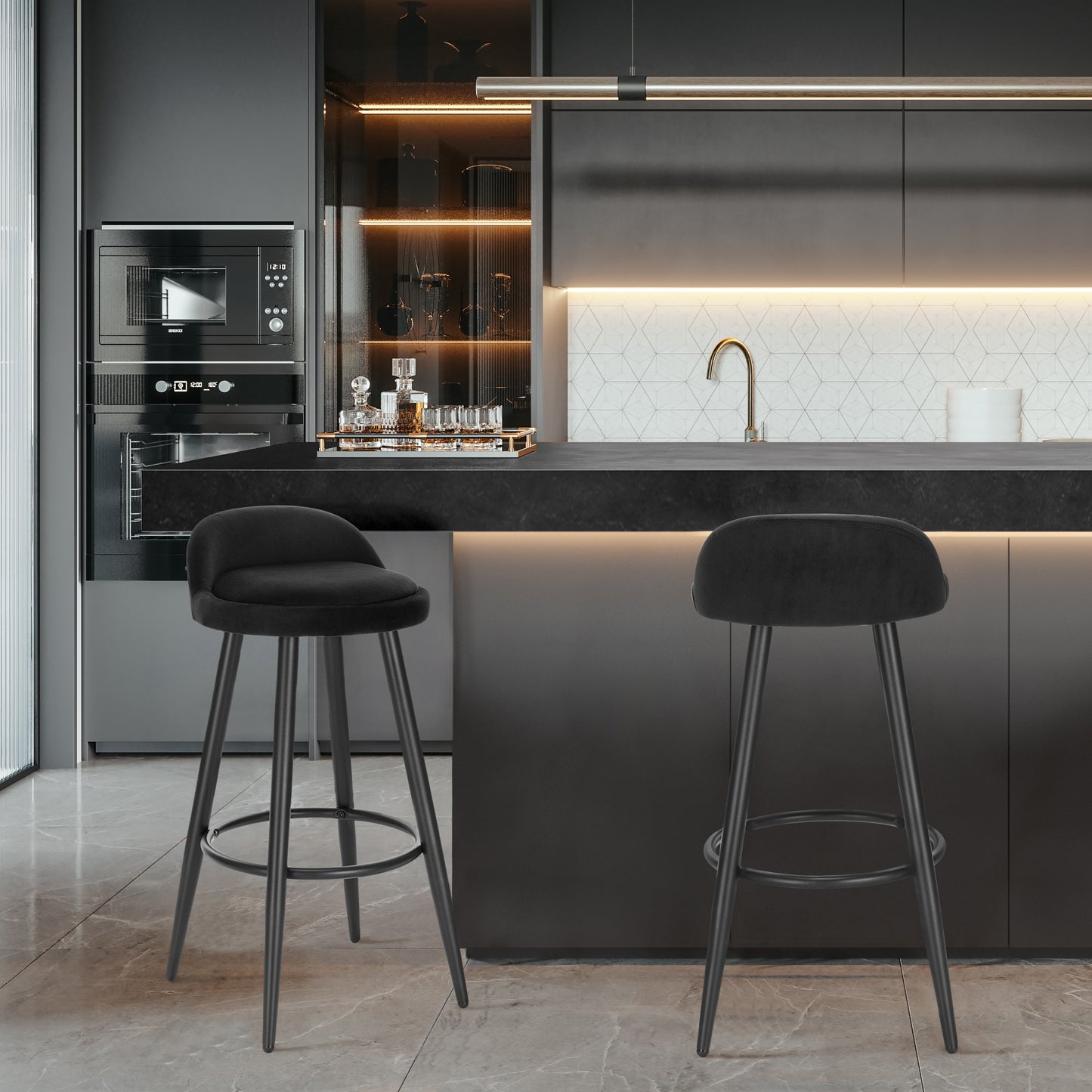 Tabouret de bar en velours et métal avec mini dossier